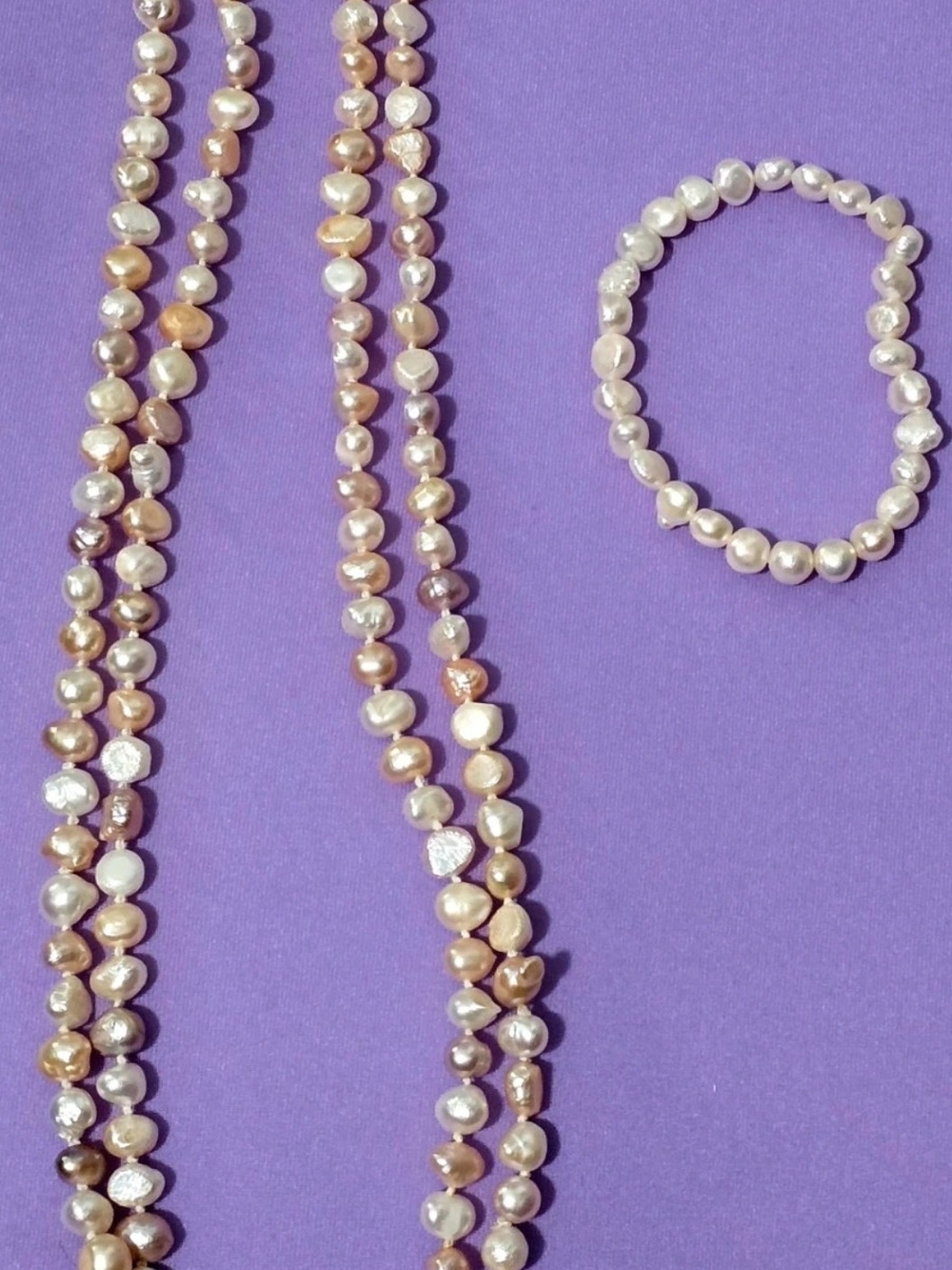 Natural Freshwater Pearl Long Necklace and Bracelet Set - Multicolor Pearlescent